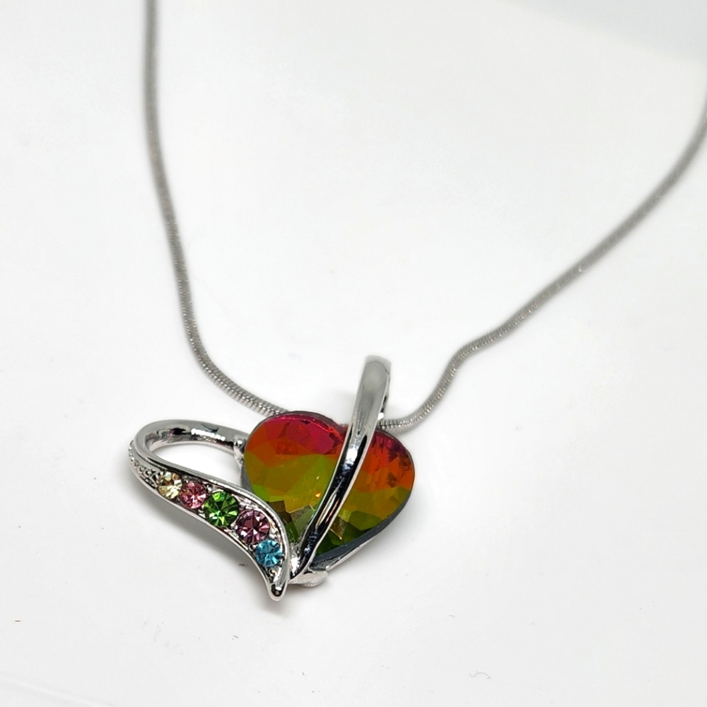 Silver Tone AB Watermelon Rhinestone Crystal Heart Infiniti Pendant Necklace 3d